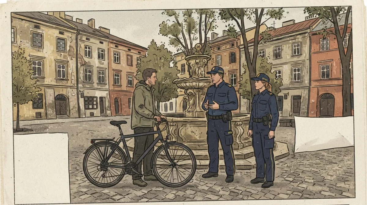 Nietrzeźwy rowerzysta przy fontannie na Wolnicy