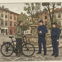 Nietrzeźwy rowerzysta przy fontannie na Wolnicy